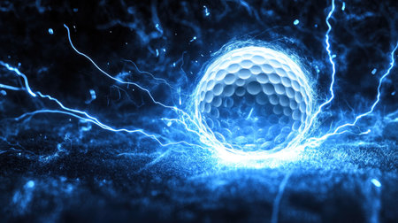 A golf ball surrounded by electric blue lightning, symbolizing power and precision, with energy bursting out for a dynamic sports conceptの素材