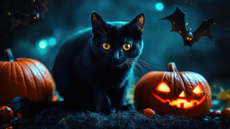 Halloween setting with a black cat, glowing pumpkins, and flying bats, ideal for holiday decorations or spooky themes.の素材