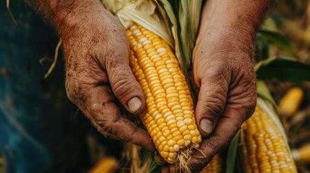 Close-up of farmer hands gripping golden corn in the cob, showcasing organic produce and the harvesting process.の素材