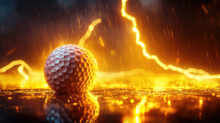Golf ball illuminated by vibrant yellow lightning, creating an energetic and powerful atmosphere in a dramatic sports visual.の素材
