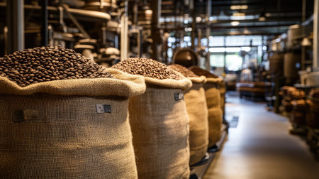 Coffee beans in large burlap sacks sit in a bustling coffee roasting factory, reflecting the process of turning beans into the perfect brew.の素材
