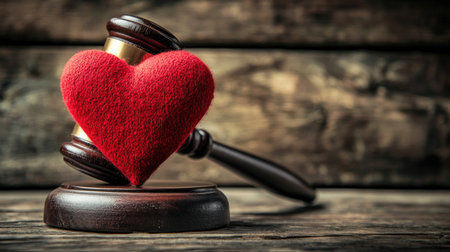 Gavel coming down on a red heart symbol, set against a wooden background, symbolizing the intersection of love and justice.の素材