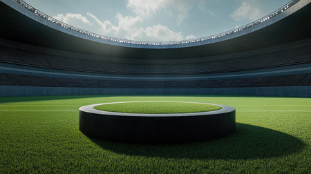 World football stadium with green grass and a central cylindrical podium, symbolizing competition and triumph on the global stageの素材