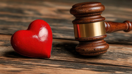 Justice and love concept with a gavel hitting a heart on a wooden surface, symbolizing legal matters and emotionsの素材
