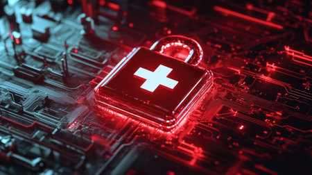 Red padlock icon with a white medical cross, symbolizing healthcare data security and protection in a digital environment.の素材