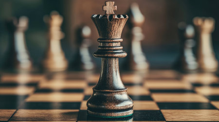 Leadership and strategy concept with a focused chess king piece on a chessboard, representing power and control in the game.の素材