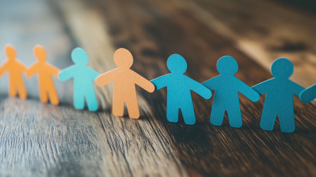 Paper cutout figures forming a chain, representing human connection, teamwork, and the importance of collaboration in achieving goals.の素材