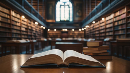 Open book and neatly stacked books on a wooden desk in a modern library, with soft natural light and rows of bookshelvesの素材