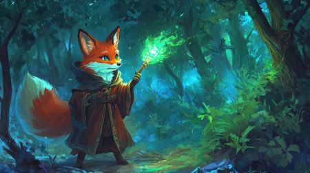 Mystical forest setting with a fox in wizard attire, wielding a glowing staff, blending into the enchanting woodland.の素材