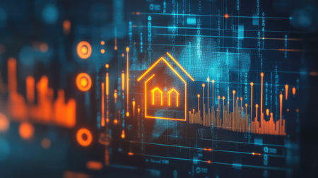 Real estate market graph with home icons, visualizing economic trends and the rise and fall of the housing market.の素材
