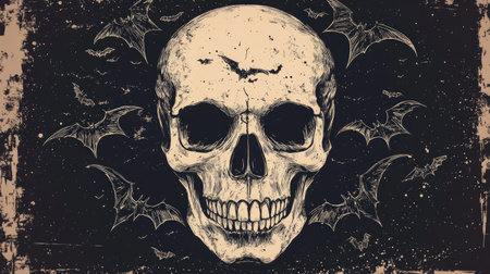 Vintage skull design surrounded by eerie bats on a dark Halloween background, creating a classic haunted look.の素材