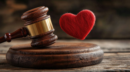 Wooden gavel striking a heart symbol on a rustic wooden background, representing the concept of justice with loveの素材