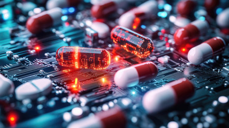 AI in healthcare: Digital pills on a circuit board, symbolizing the integration of artificial intelligence in medicine and drug development.の素材