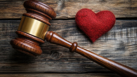 Wooden gavel striking a heart symbol on a rustic wooden background, representing the concept of justice with loveの素材