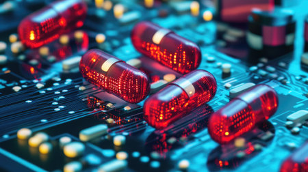 Drug discovery: Digital pills on a circuit board, representing the use of AI for drug discovery and development.の素材