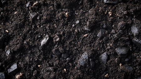 Fertile biochar soil: Close-up of rich, dark biochar soil, demonstrating its fertility and nutrient content.の素材