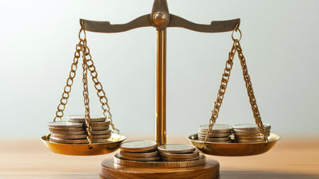 Financial equilibrium: A balance scale with coins, representing the need for financial balance and avoiding excessive debt or spendingの素材