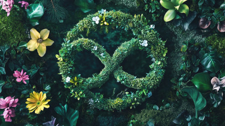 Environmental sustainability: An infinity symbol surrounded by flowers and greenery, representing the commitment to protecting the environment and promoting sustainability.の素材