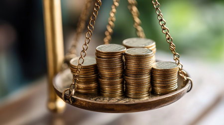 Financial planning: A balance scale with coins, symbolizing the importance of careful financial planning and budgeting.の素材