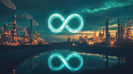 Green energy: A glowing infinity symbol over an industrial landscape, symbolizing the transition to clean and green energy sources.の素材