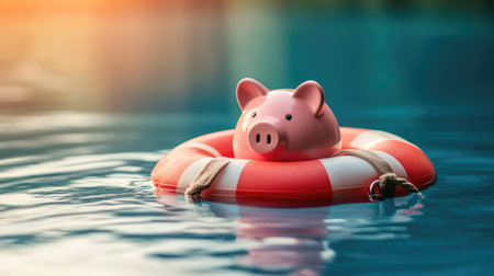Financial security: A piggy bank floating in a lifebuoy on water, illustrating the concept of financial stability and protection.の素材