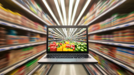 Online grocery store: A laptop in a grocery aisle, with a blurred background, symbolizing the use of online platforms for grocery shopping.の素材