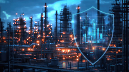 Security measures: A shield overlaying an industrial facility, representing the security protocols and measures in place to safeguard critical assets.の素材