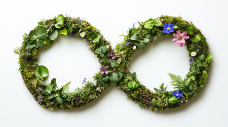 Green energy: An infinity symbol with flowers and greenery, symbolizing the transition to renewable energy sources.の素材