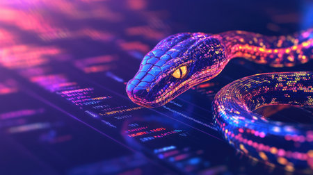 Python programming: A computer screen displaying Python code with a digital snake, symbolizing the power and efficiency of Python as a programming language.の素材