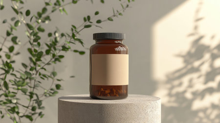 Pill bottle mockup: A brown pill bottle with a blank label, standing on a pedestal with a plant in the background, representing a drugstore pill mockup.の素材
