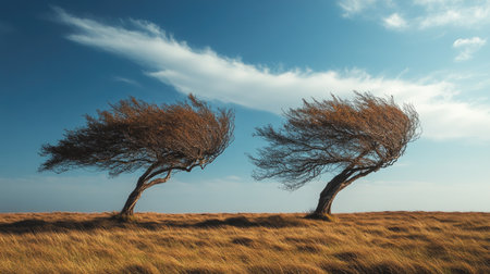 Nature's power: Two trees leaning in the wind in an open field, demonstrating the immense power of nature.の素材