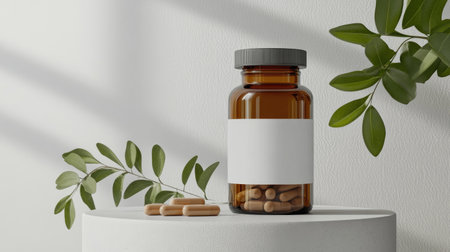 Pharmaceutical mockup: A brown pill bottle with a blank label, positioned on a display with a plant, illustrating a pharmaceutical product mockup.の素材