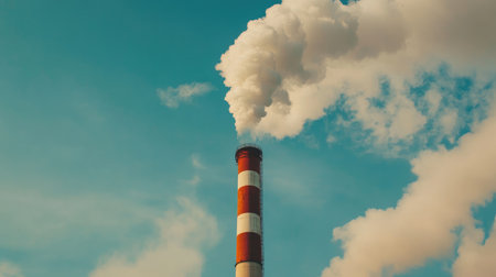 Industrial emissions: An industrial smokestack emitting thick smoke into the sky, representing the emissions released by industrial processes.の素材