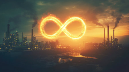 Infinite energy: A glowing infinity symbol over an industrial landscape, representing the idea of a limitless and sustainable energy supplyの素材