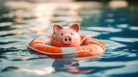 Risk management: A piggy bank floating in a lifebuoy on water, representing the importance of safeguarding finances from risks.の素材