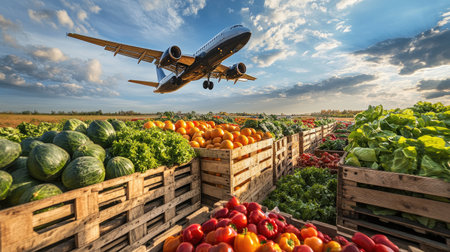 Global food distribution: An airplane flying over crates of fresh vegetables, symbolizing the efficient and rapid distribution of food worldwide.の素材