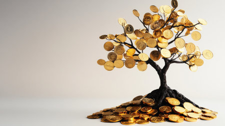 Investment success: A tree with golden coins, symbolizing the rewards and benefits of successful investments.の素材