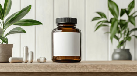 Pharmaceutical mockup: A brown pill bottle with a blank label, positioned on a display with a plant, illustrating a pharmaceutical product mockup.の素材