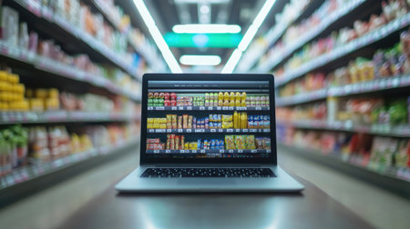 Online shopping: A laptop positioned in a grocery aisle, with a blurred background, representing the growing trend of online grocery shopping.の素材