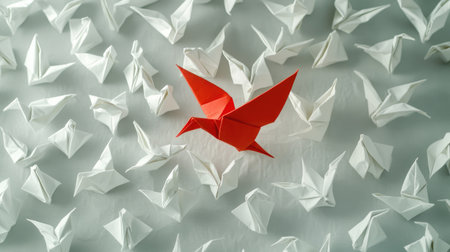 Standing out from the crowd: An aerial view of a scarlet origami bird standing out among white origami birds, showcasing the value of being different and unique.の素材