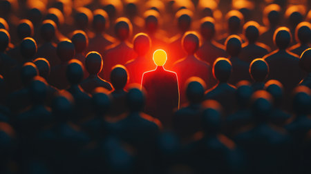 A bright figure among dim ones in a crowd, symbolizing individual career growth and development.の素材