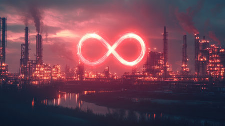 Sustainable future: A glowing infinity symbol over an industrial landscape, illustrating the vision of a sustainable and environmentally friendly futureの素材