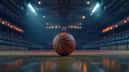 A basketball bounces in a state-of-the-art arena, symbolizing competition and athletic excitement.の素材