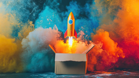 A colorful rocket launches from a cardboard box, surrounded by vibrant smoke, symbolizing creativity and imagination.の素材