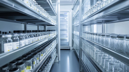 Pharmaceutical storage: Vials stored in a precisely regulated environment, ensuring the quality and potency of pharmaceutical productsの素材