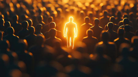 A glowing figure stands out in a crowd, symbolizing uniqueness and personal career developmentの素材