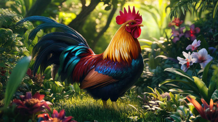 A majestic rooster with vibrant feathers pecking at grass in a lush garden, showcasing the beauty of nature.の素材