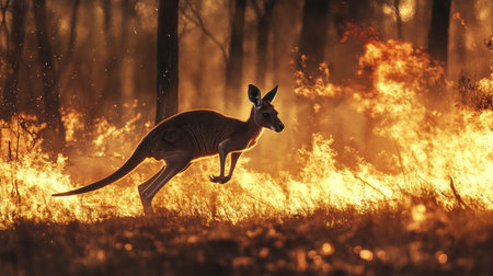 A kangaroo escapes a forest fire, representing the destruction of natural habitats and the plight of animals.の素材