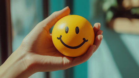A hand grasping a smiley face ball, symbolizing the emotional challenge of pretending to be happy.の素材