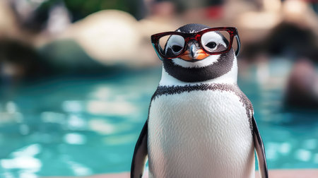 A playful penguin sporting stylish glasses, bringing humor and charm to the scene.の素材